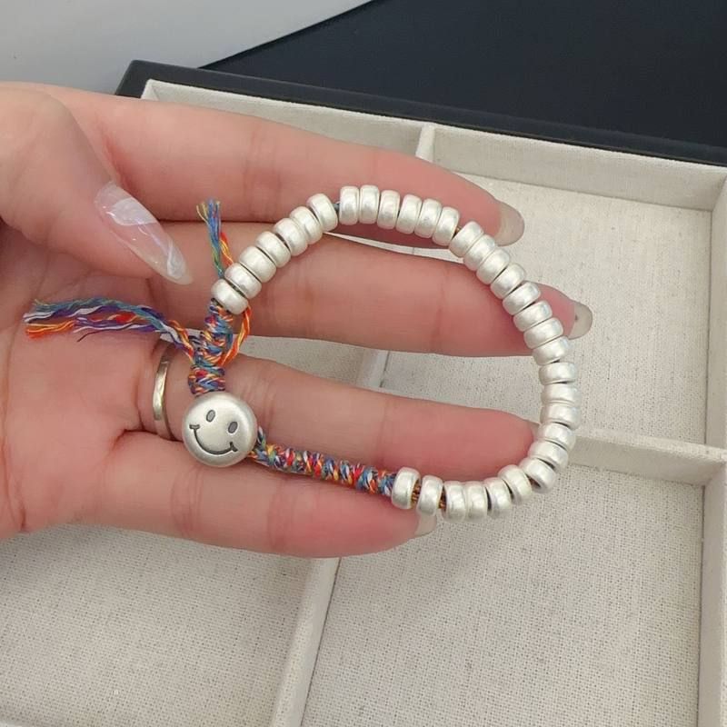 999足银手工编织盘缠笑脸手链招财转运原创纯银重工手串男女手绳