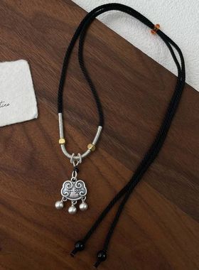 S925纯银复古新中式编织平安锁可调节项链毛衣链高级小众设计百搭