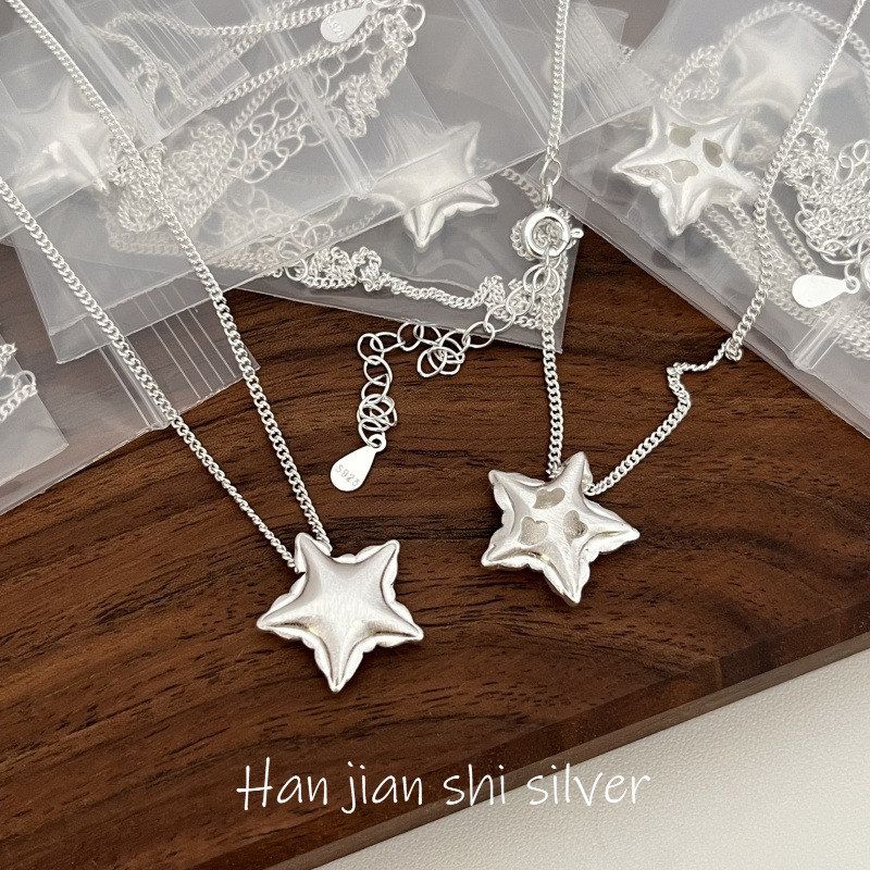 韩简饰 韩国小众设计ins风锁骨链S925纯银五角星磨砂拉丝镂空项链