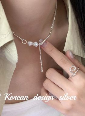 韩国东大门新款饰品 S925纯银简约天然珍珠项链 锁高级ins叠戴女