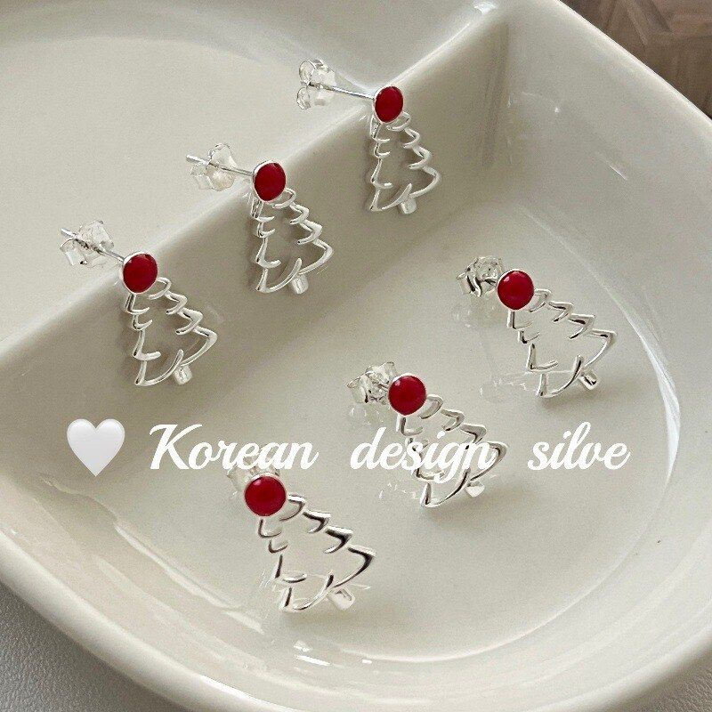 韩国圣诞节ins爆款耳饰品S925纯银 镂空红色滴釉圣诞树项链百搭款