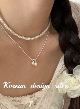 日系韩版简约ins风银饰品 S925纯银双珍珠项链叠戴锁骨链高级感女
