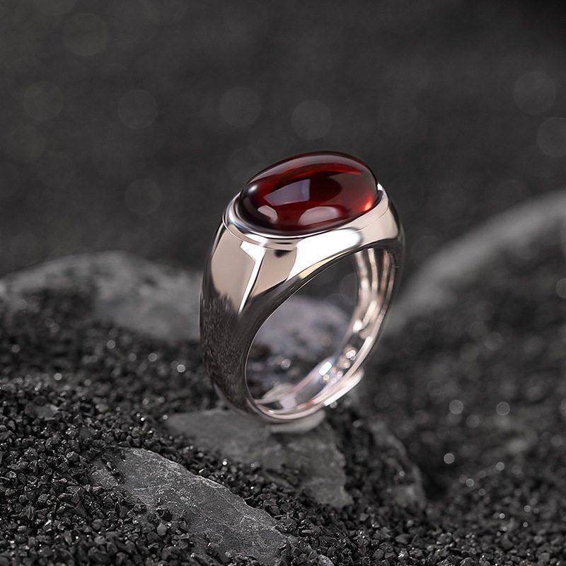 S925纯银血珀时尚简约大气蛋面戒指百搭复古几何银开口指环礼物