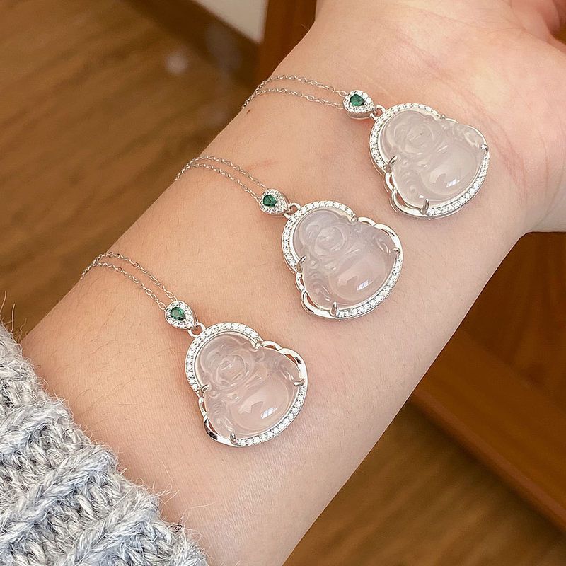 s925纯银天然白玛瑙弥勒佛公项链简约轻奢平安好运锁骨链玉石颈链