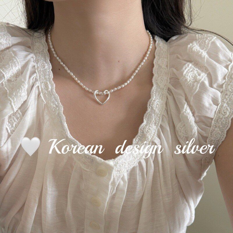 韩系轻奢ins风锁骨链 S925纯银镂空爱心天然珍珠项链气质高级感女