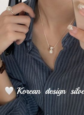 韩国小众ins博主同款饰品 S925纯银重工橄榄珍珠项链 高级锁骨链