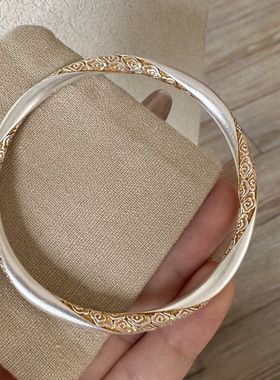 致臻 足银9999闭口24K描金祥云银手镯 纯银配件可调节银镯首饰