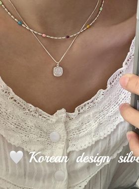 韩版小清新饰品 S925纯银白色贝壳笑脸项链 简约日系叠戴锁骨链女