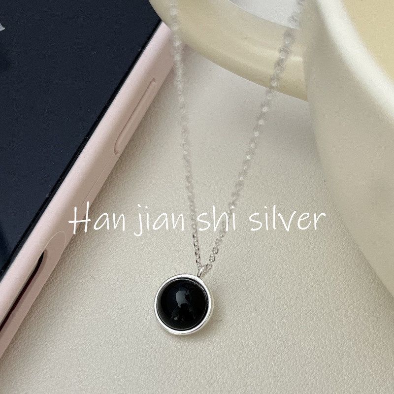 韩简饰 S925纯银黑玛瑙圆形吊坠项链轻奢ins小众设计时尚女锁骨链