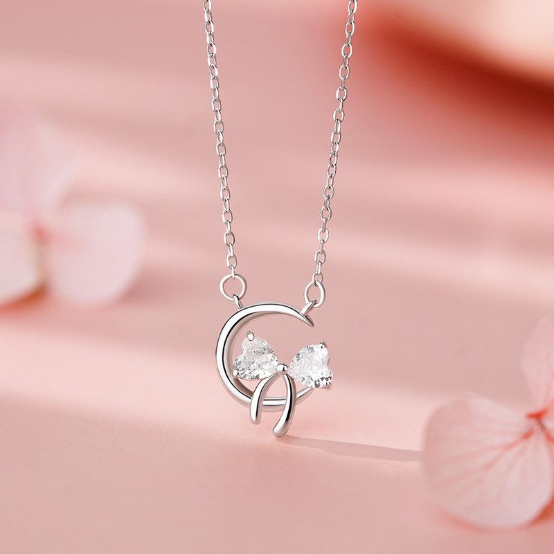 纯银S925月亮蝴蝶结项链甜美公主少女心精美吊坠锁骨链跨境代发