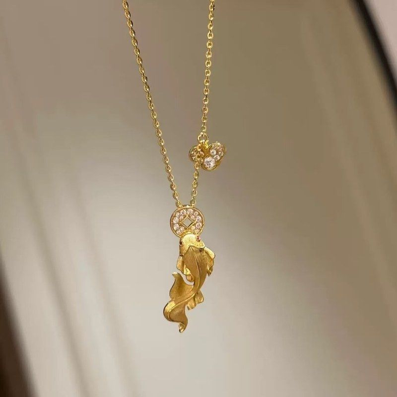 S925纯银新中式国风拉丝金色钱币锦鲤项链女高级感轻奢复古毛衣链