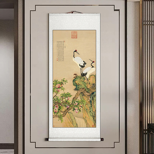 客廳裝 飾畫中國風茶室壁畫 玄關畫新中式 松鶴延年國畫卷軸掛畫豎版