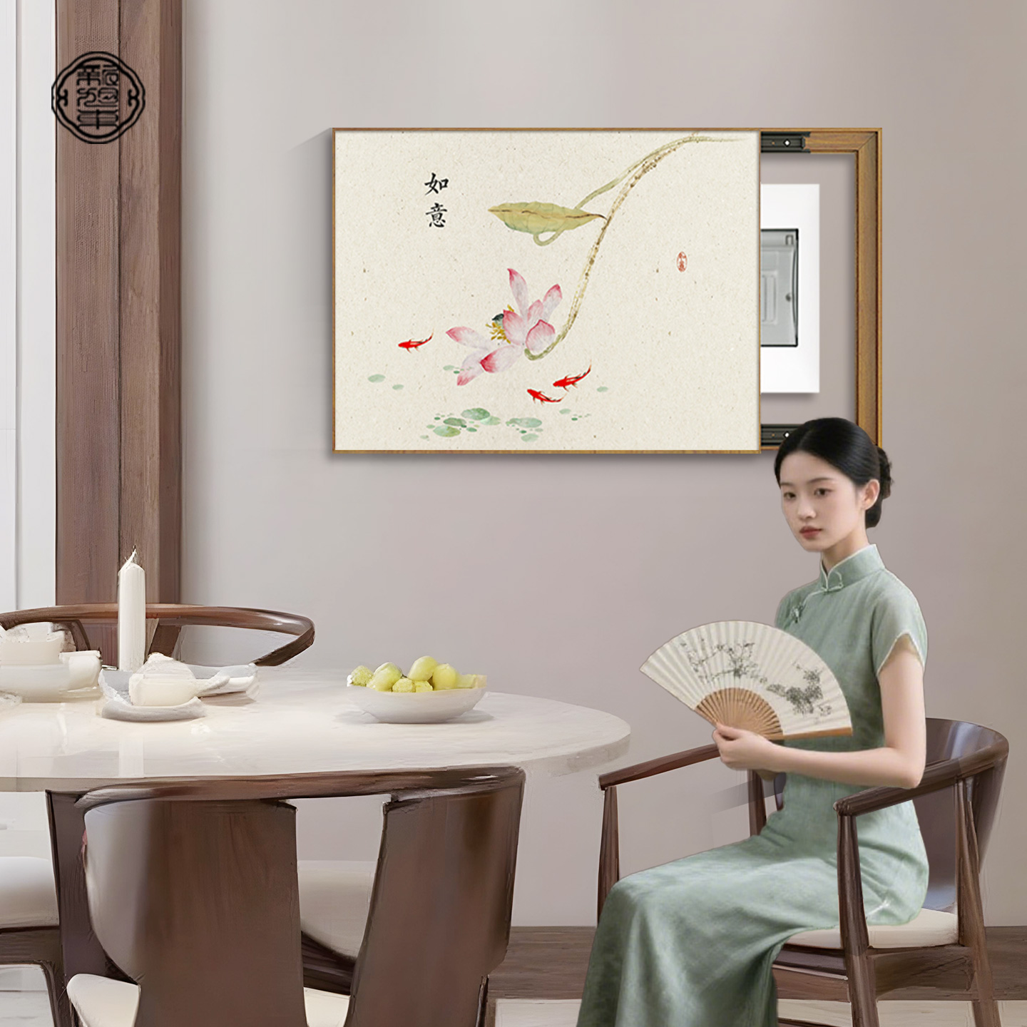 新中式荷花电表箱装饰画遮挡配电箱挂画花鸟图遮挡电闸盒餐厅壁画图片