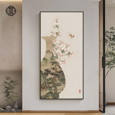 新中式入户正对门玄关装饰画宋代美学挂画走廊过道禅意竖版壁画