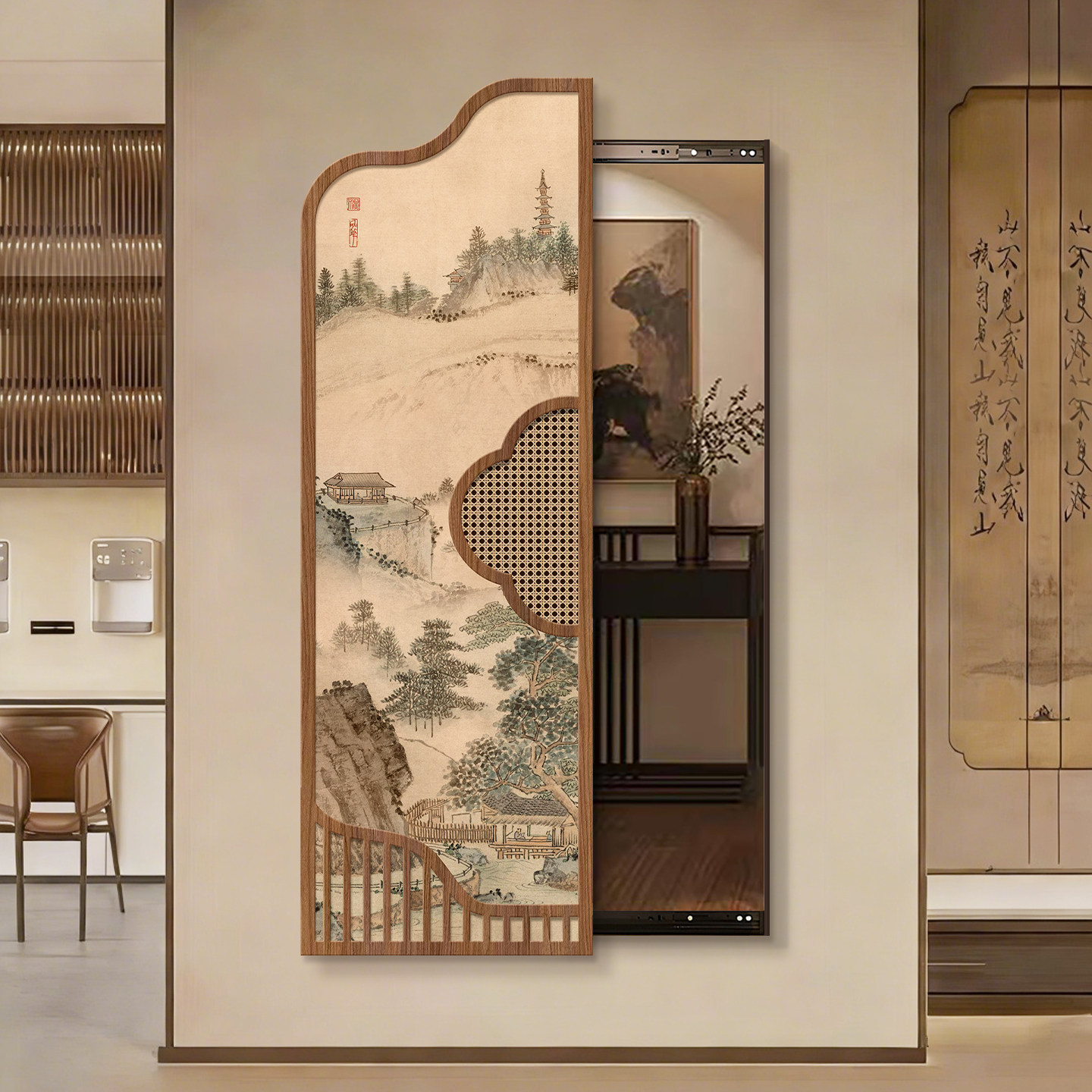 宋代美学全身镜上墙镜子入户门可遮挡关闭隐藏式山水画玄关装饰画图片