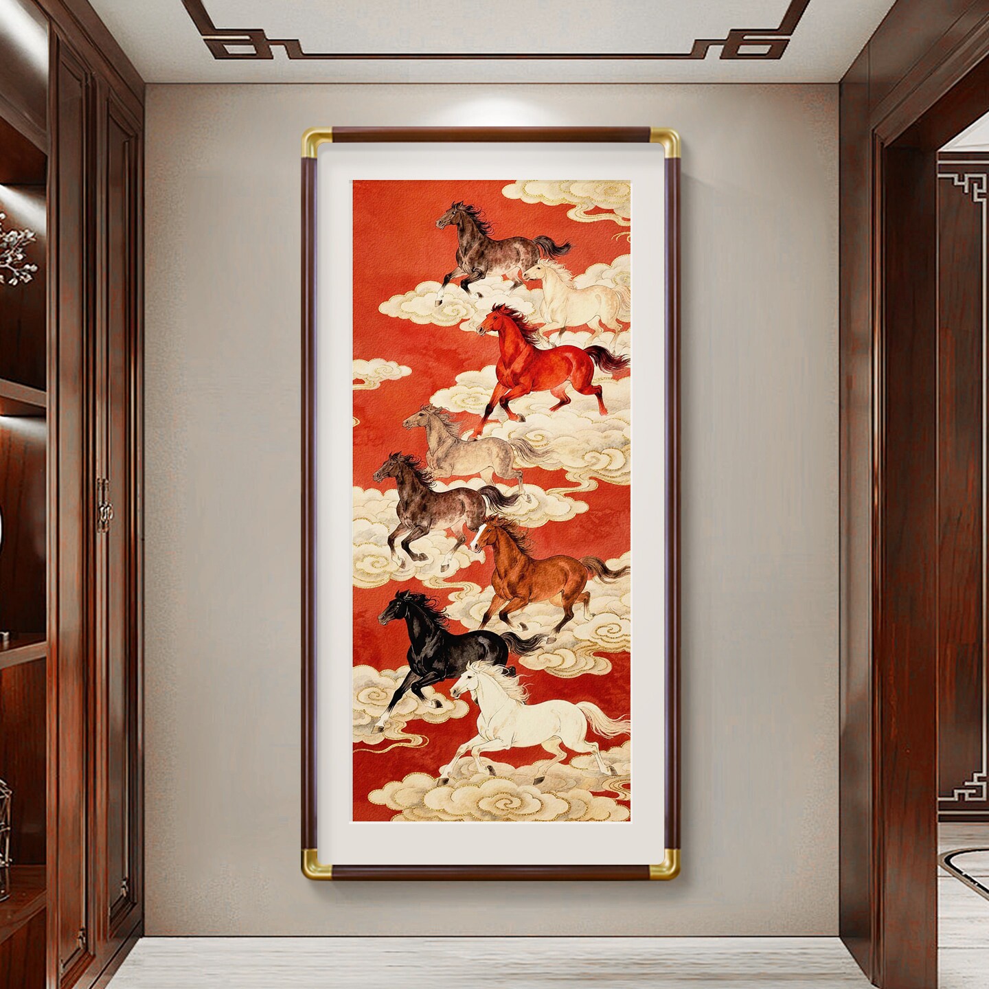 中式马到成功字画玄关入户走廊壁画挂画2026马年装饰画骏马八骏图