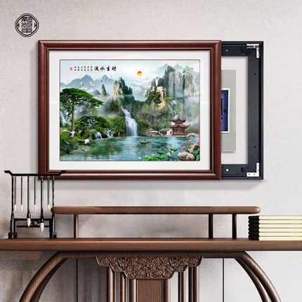 新中式入户电表箱装饰画山水画横款免打孔餐厅弱电箱遮挡挂画推拉