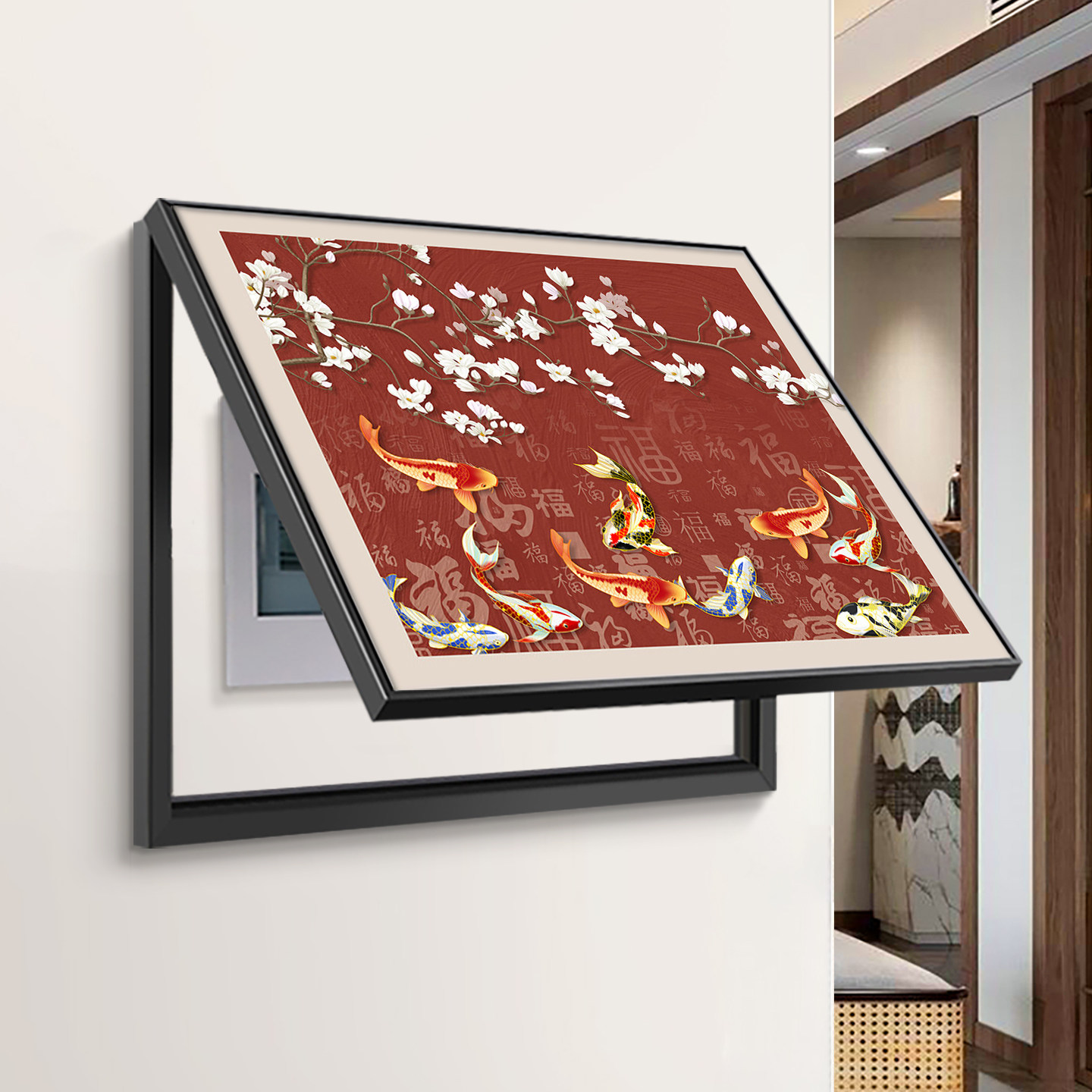 喜上眉梢电表箱装饰画2026新款遮挡配电箱挂画红色寓意好的九鱼图,家居饰品,现代装饰画,淘宝优惠券,粉丝福利购,淘宝优惠卷
