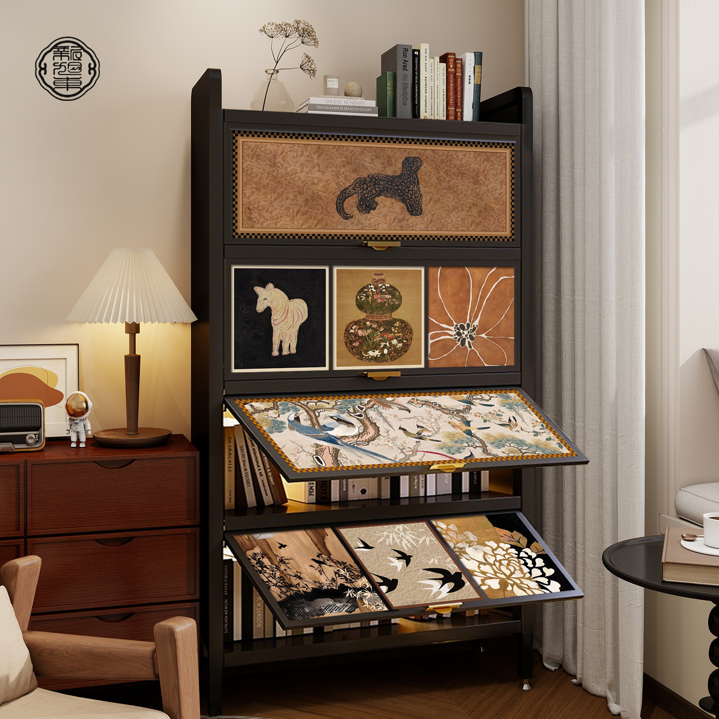 钢制书柜收纳柜一体靠墙书架铁皮收纳柜带门落地置物柜中古风家用