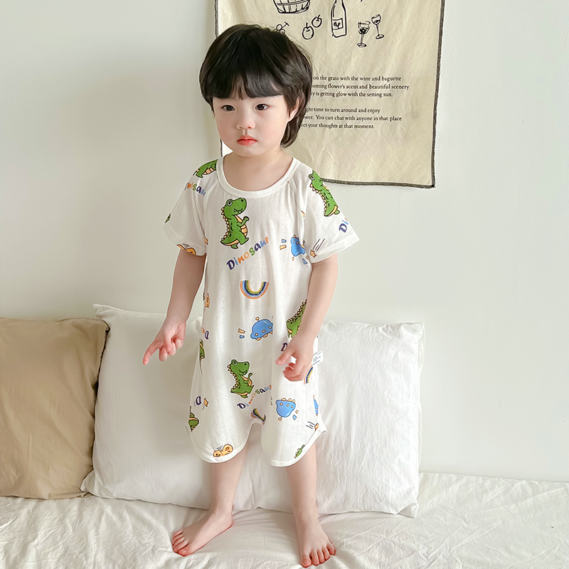 婴儿睡袍夏季薄款儿童睡衣男宝宝夏天短袖空调房短袖儿童睡裙防踢