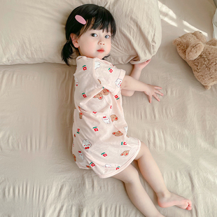 儿童连体睡衣纯棉夏季薄款宝宝睡裙女童睡袋女孩连体衣家居服夏天
