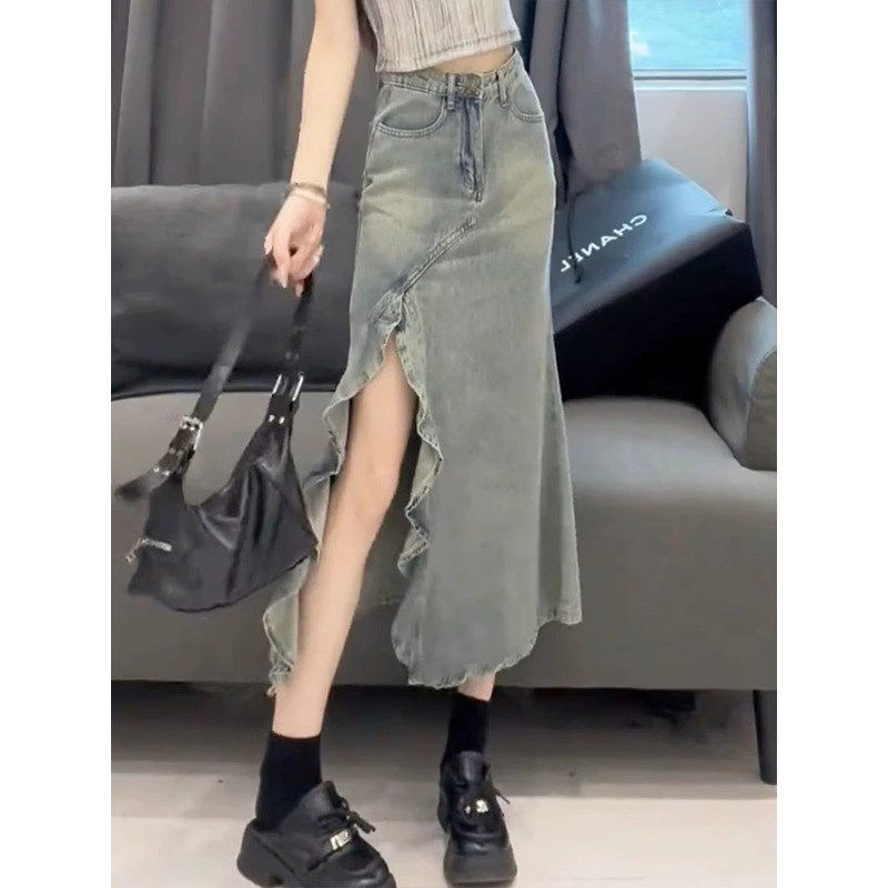 高腰不规则牛仔长裙半身裙女春夏大尺码胖mm小个子a字包臀鱼尾半