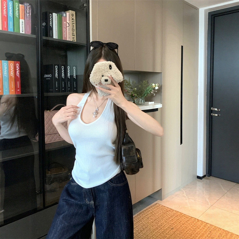 纯欲辣妹蓝色挂颈针织吊带背心女夏季修身遮副乳外穿无袖露背上衣