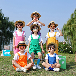 表演服小学生舞蹈服班服 六一儿童演出服啦啦队幼儿园糖果色背带裤