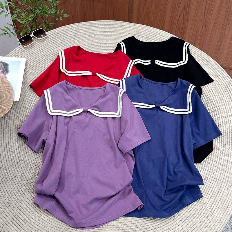 必魅-2026夏季新款韩系别致海军领短袖T恤百搭气质百搭上衣59876