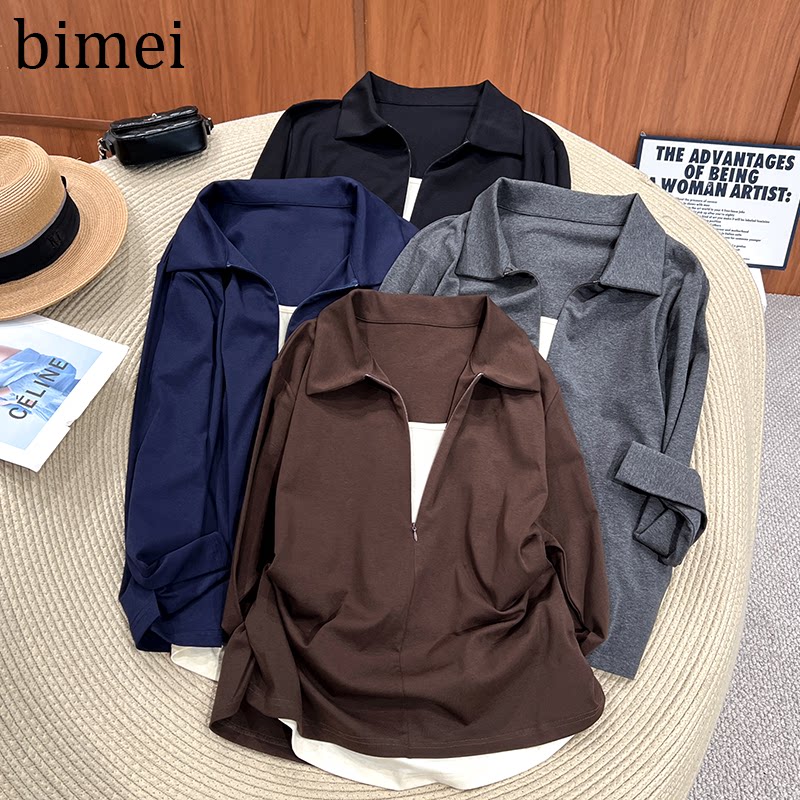 必魅-韩版半拉链假两件长袖T恤打底衫2025秋季独特别致上衣58151
