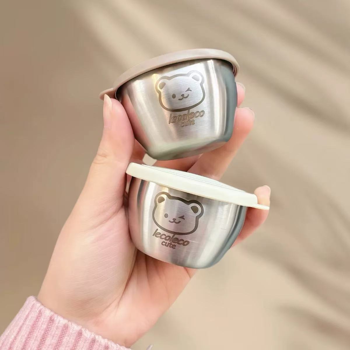 酱料杯调味盒卡通小熊碟子带盖番茄沙拉酱汁杯304不锈钢