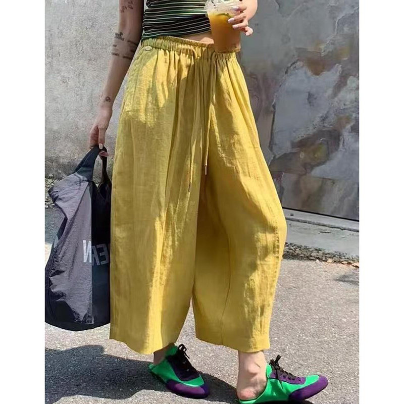 黄色花苞裤子女夏季薄款宽松透气亚麻灯笼裤休闲阔腿裤九分气球裤