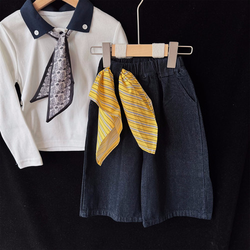 韩版儿童洋气牛仔裤休闲长裤2025秋装女童时尚百搭直筒裤子送方巾