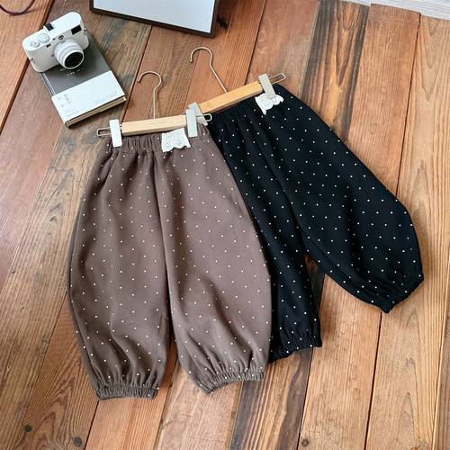 韩版儿童洋气加绒波点裤2025冬装女童宽松冬季加厚休闲百搭长裤子