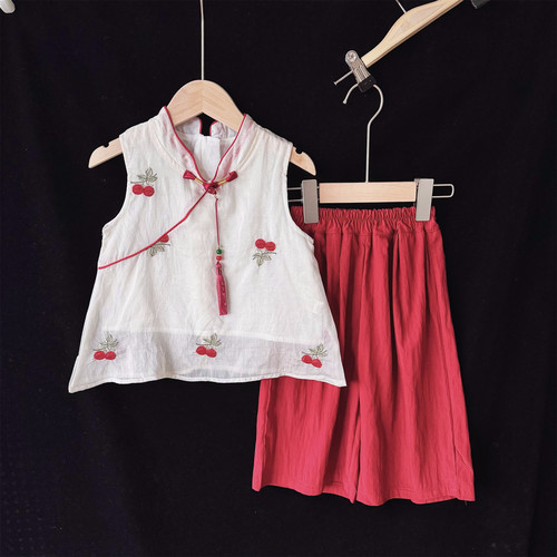 女童新中式刺绣古风无袖套装