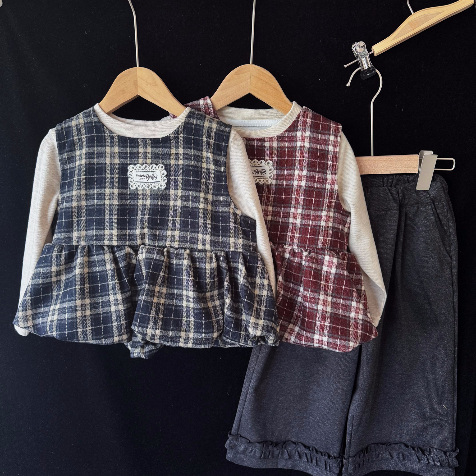 韩版儿童洋气格子马甲套装时尚2025秋装新款女童休闲长裤子三件套