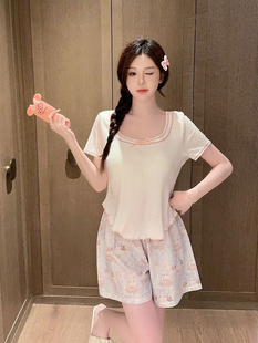 甜美纯欲风纯棉睡衣女夏短袖 带胸垫猫咪碎花家居服三件套 短裤 长裤