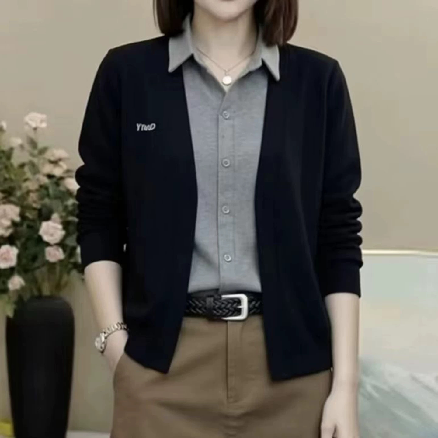 春秋女翻领假两件显瘦衬衫