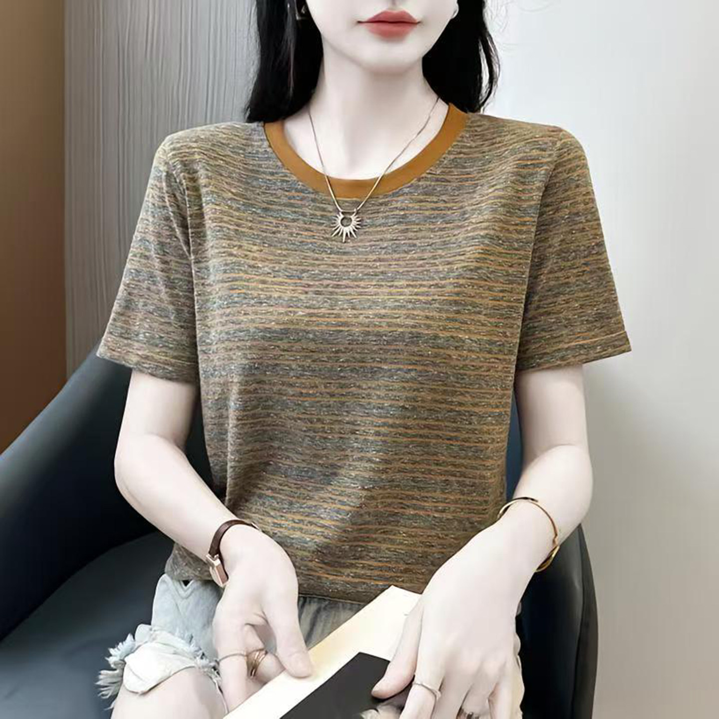 2026夏新款条纹棉短袖T恤女装