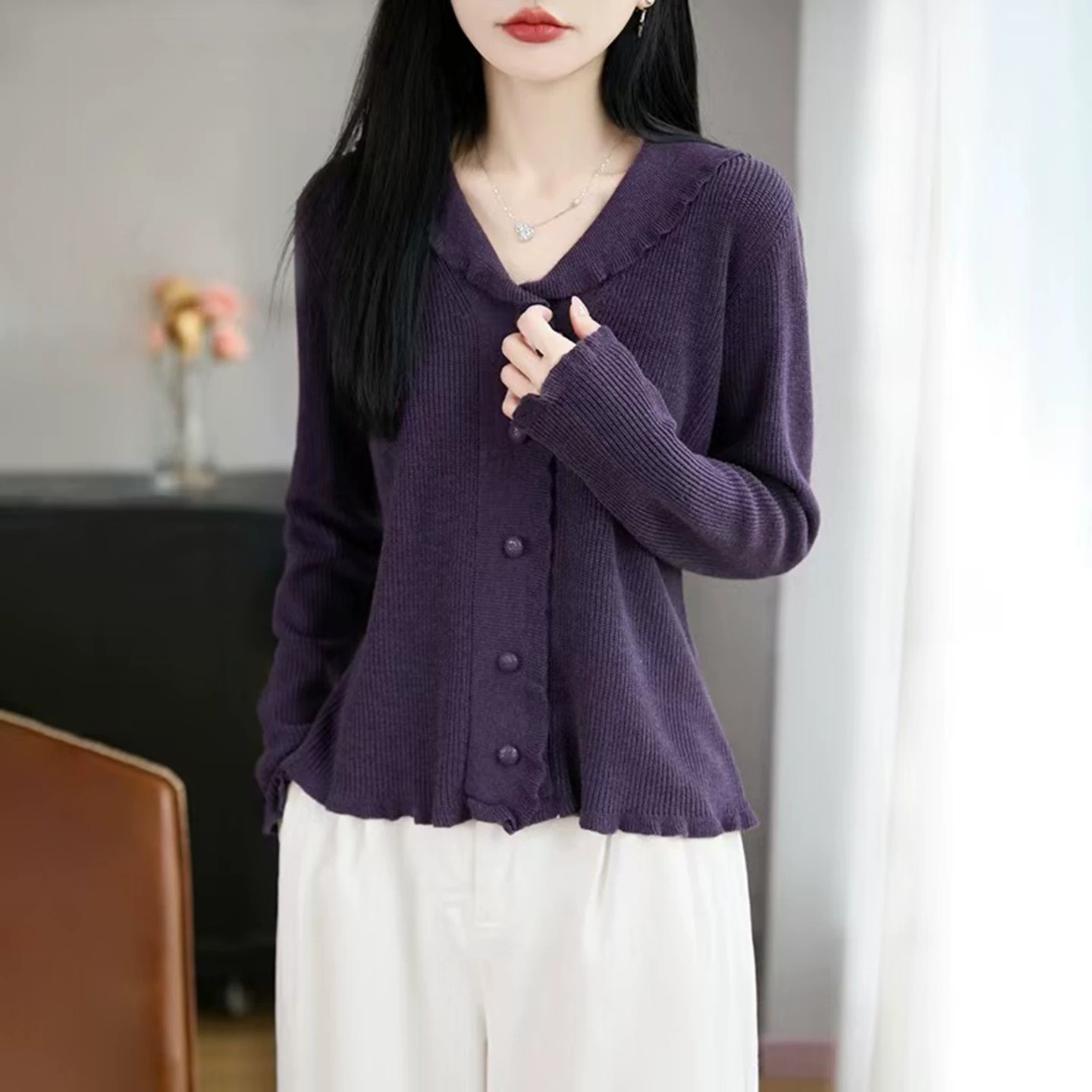 春秋V领羊毛针织开衫女显瘦