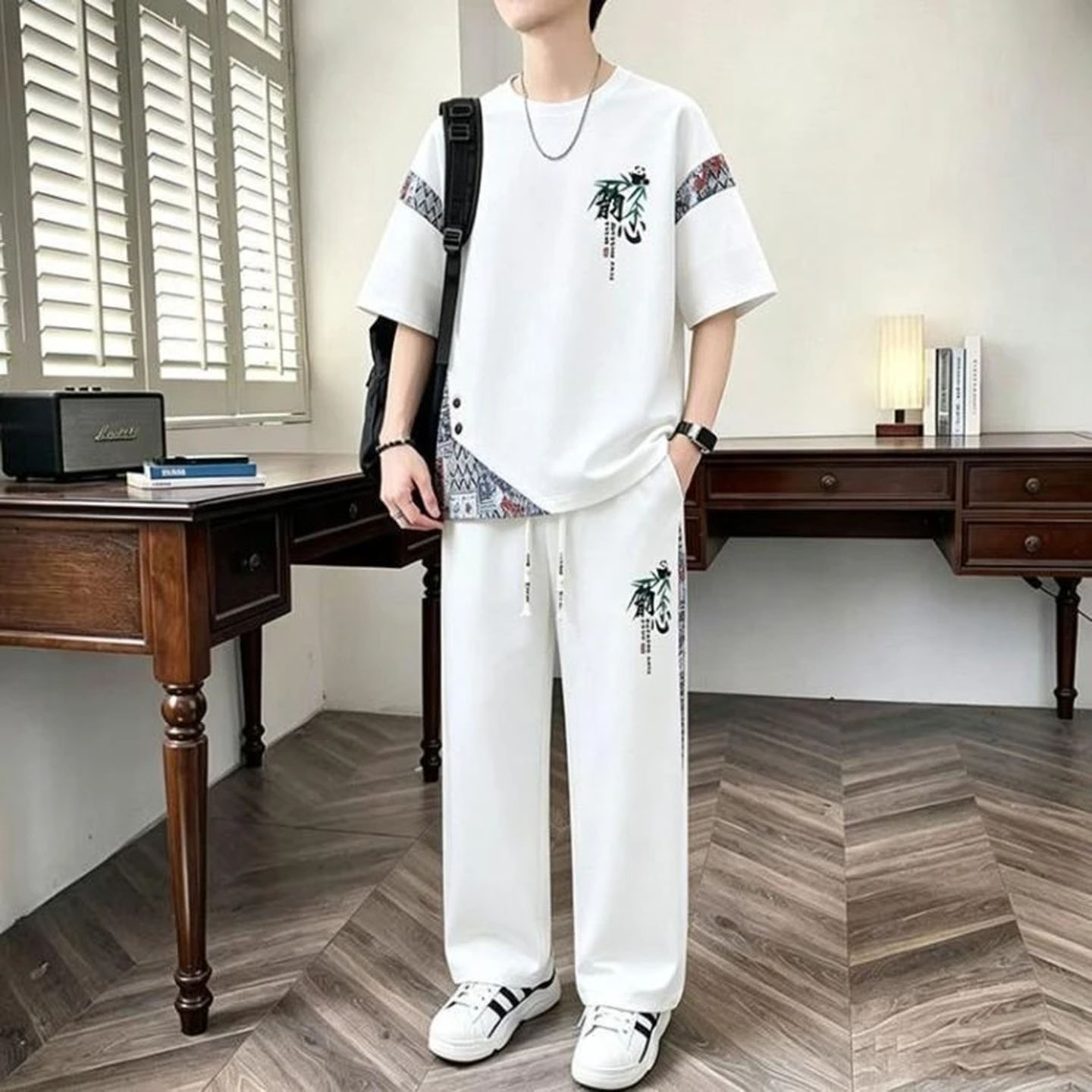 夏季男士冰丝新中式短袖运动套装