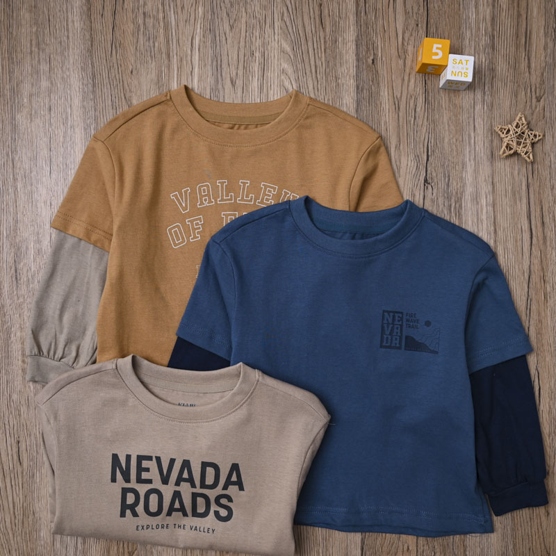 外贸欧美男童春秋纯棉长袖T恤上衣 中大童假两件休闲套头衫打底衫