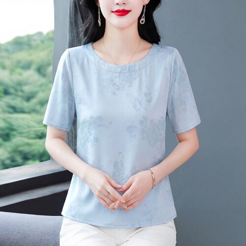 短袖百搭薄款提花桑蚕丝女士透气