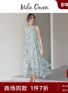 Mila Owen25秋冬新品复古圆领无袖碎花双层雪纺连衣裙09WFO254114