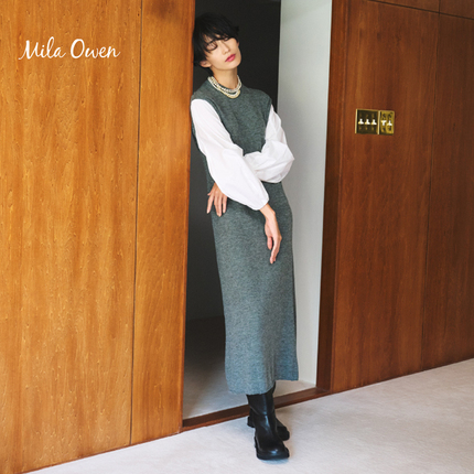 Mila Owen 秋冬季款休闲时尚优雅气质长款显瘦圆领针织连衣裙女