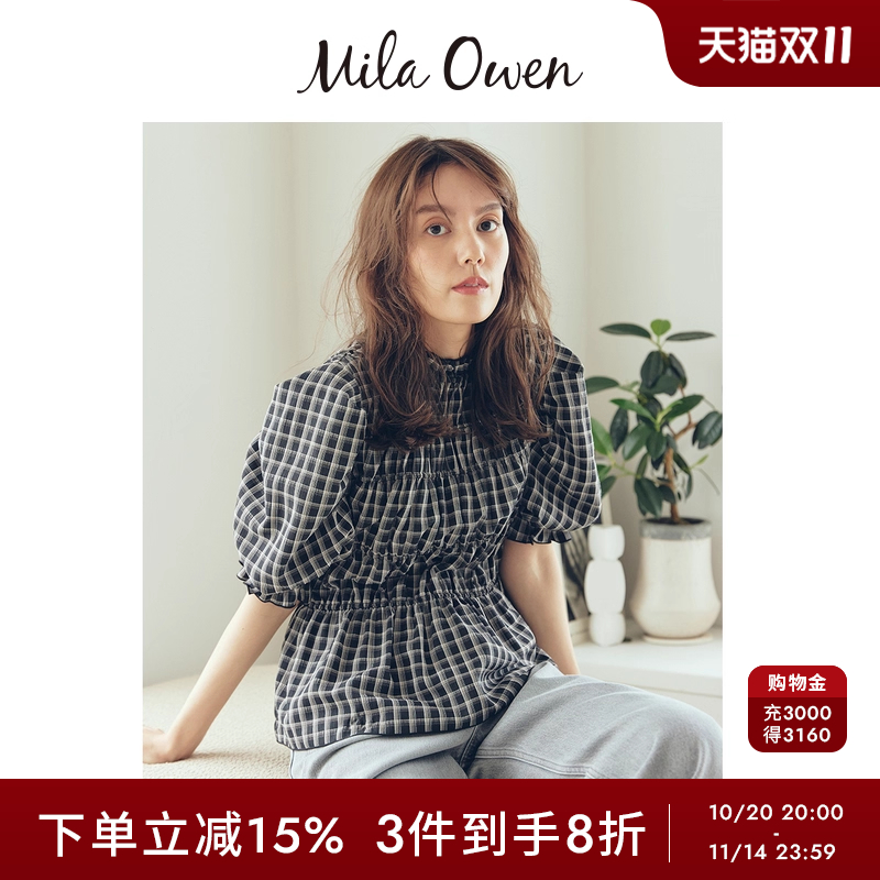 MilaOwen花边领褶皱泡泡袖衬衫
