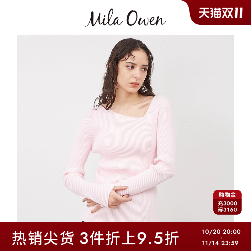 Mila Owen春夏休闲百搭纯色斜V领多巴胺罗纹针织衫09WNT241087