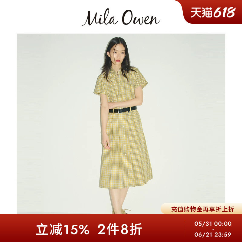 Mila Owen26春夏新品复古刺绣logo格纹短袖衬衫连衣裙09WFO261067