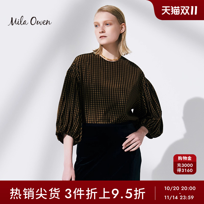 MilaOwen纯色圆领泡泡袖衬衫