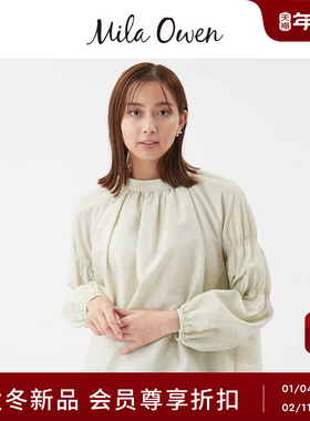 Mila Owen25秋冬新品纯色蝴蝶结泡泡袖褶皱圆领衬衫09WFB255019